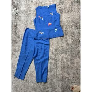 Vintage 2 Piece Embroidered Linen Set Size 12 Beach Resort Coastal Cruise Blue